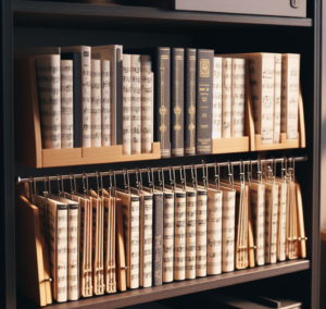 neatly arranged music sheet on the adjustable shelves