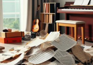 piles of sheet music scattered around your home